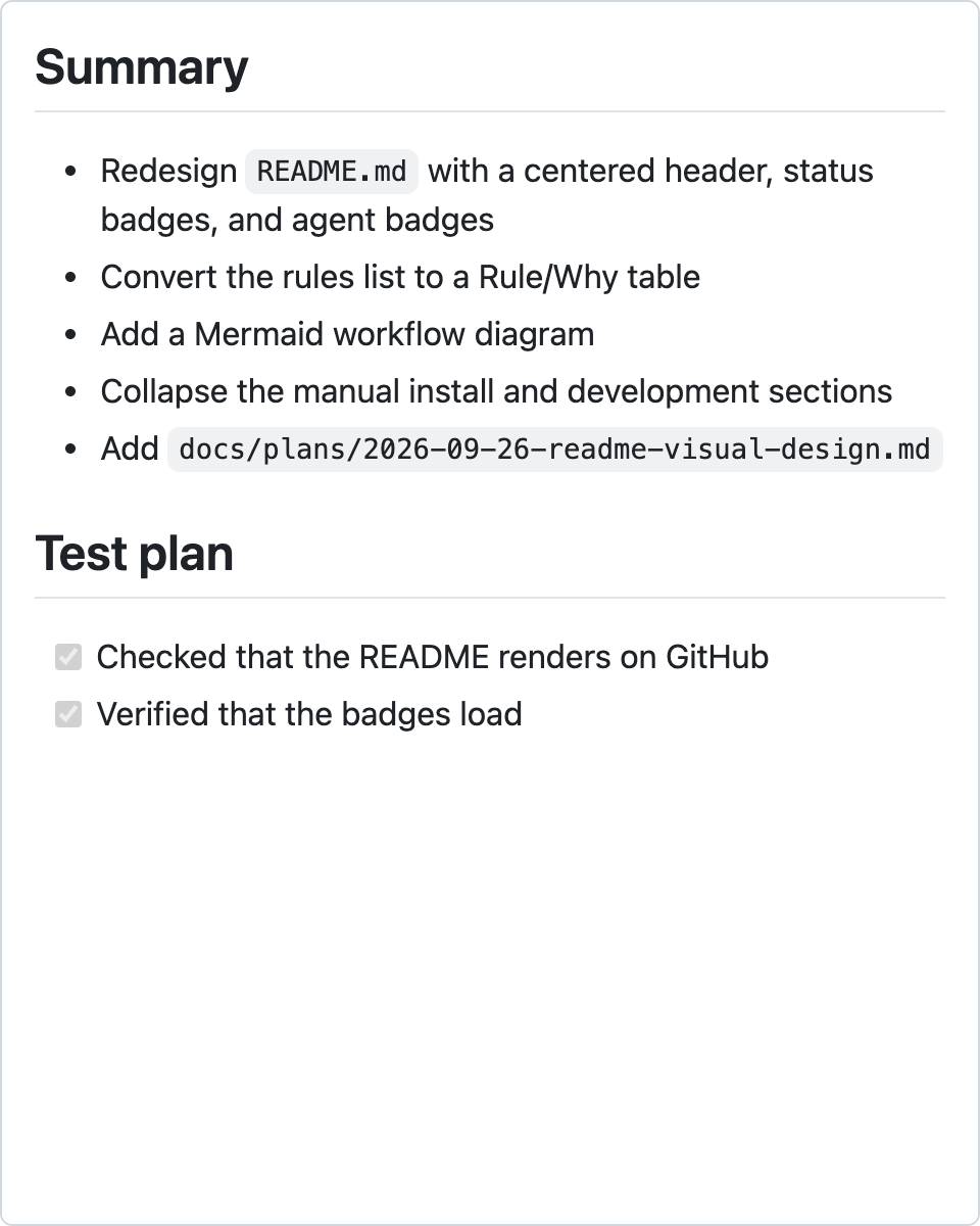 A pull request description without the skill: a Summary listing the changed files and a ticked Test plan, with no images