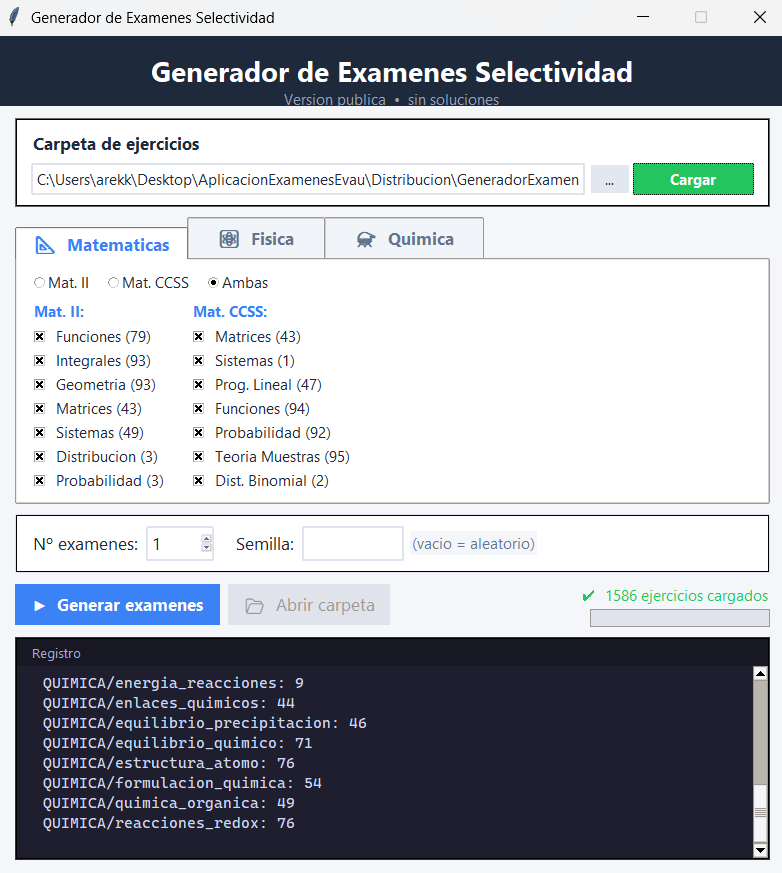 Interfaz de la aplicación GeneradorExámenes mostrando el selector de asignatura, checkboxes de temas y campo de semilla