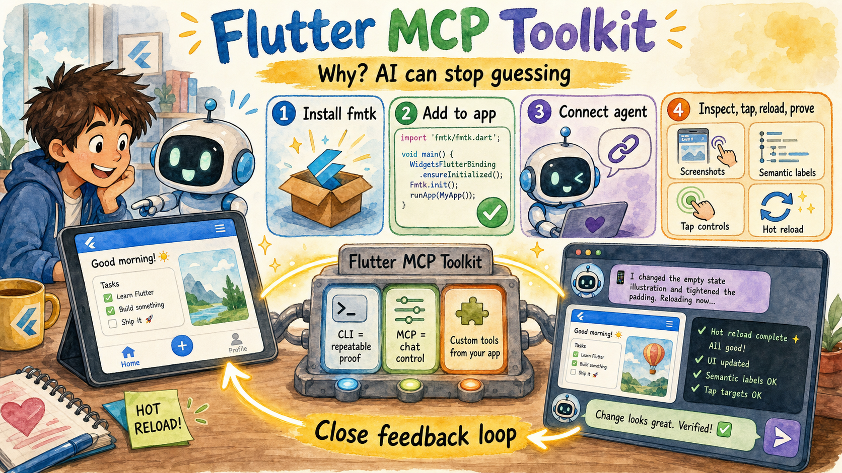 Watercolor comic infographic explaining flutter-mcp-toolkit: install fmtk, add it to a Flutter app, connect an AI agent, then inspect, tap, reload, and prove changes in a close feedback loop.