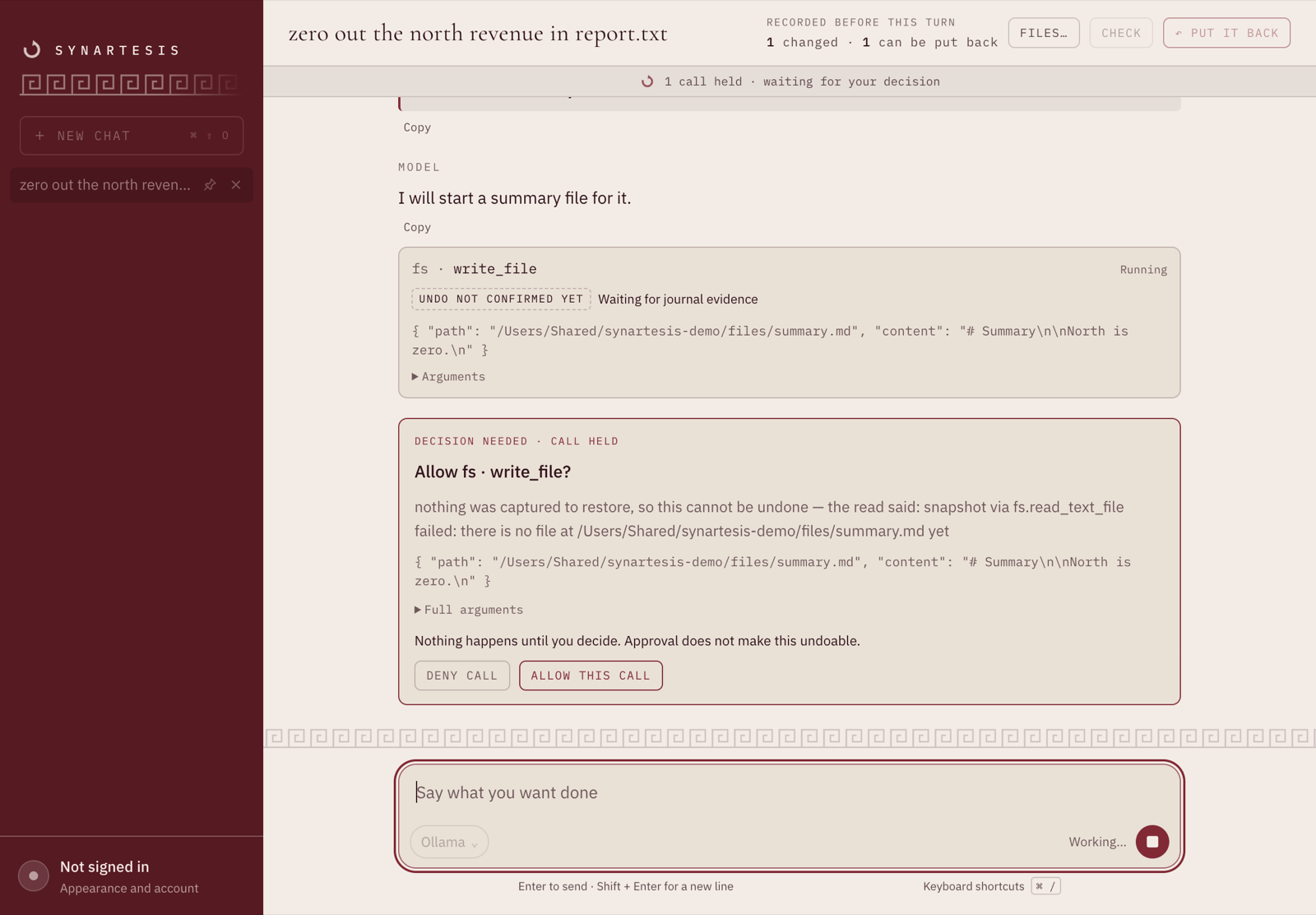 A held call in the desktop window, asking whether to allow a write whose prior state could not be captured