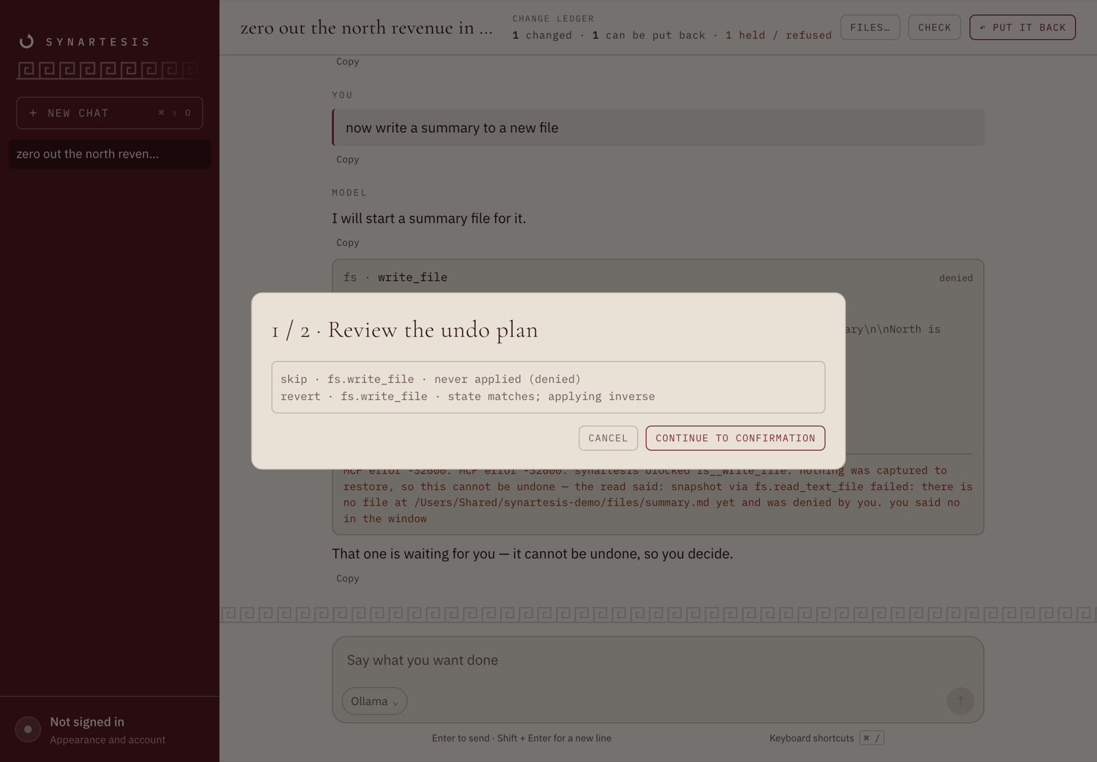 The undo plan in the desktop window, showing one call skipped and one reverted