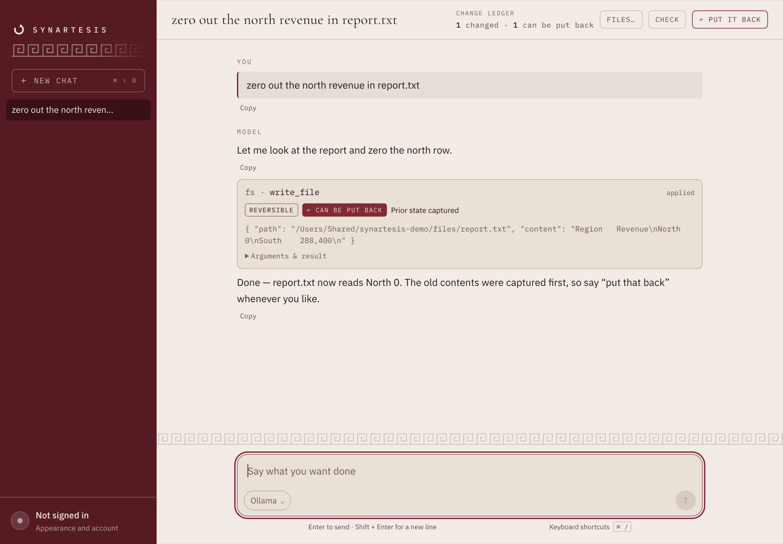 The Synartesis desktop window: a turn that wrote a file, with the tool card showing it was captured and can be put back