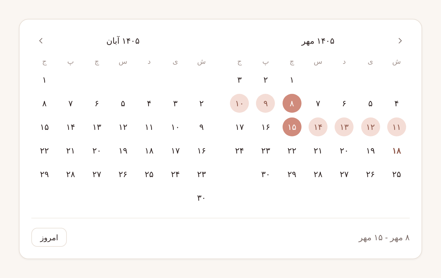 Two-month Jalali range picker with a selected range