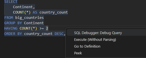 Right-click to debug a query