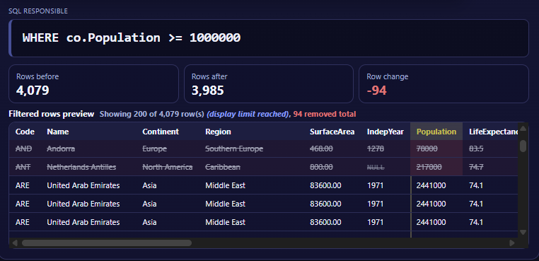 SQL Visual Debugger WHERE step