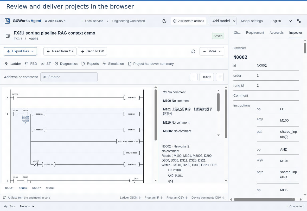 Web workbench showing a saved Ladder program, network and device inspection, and the export menu