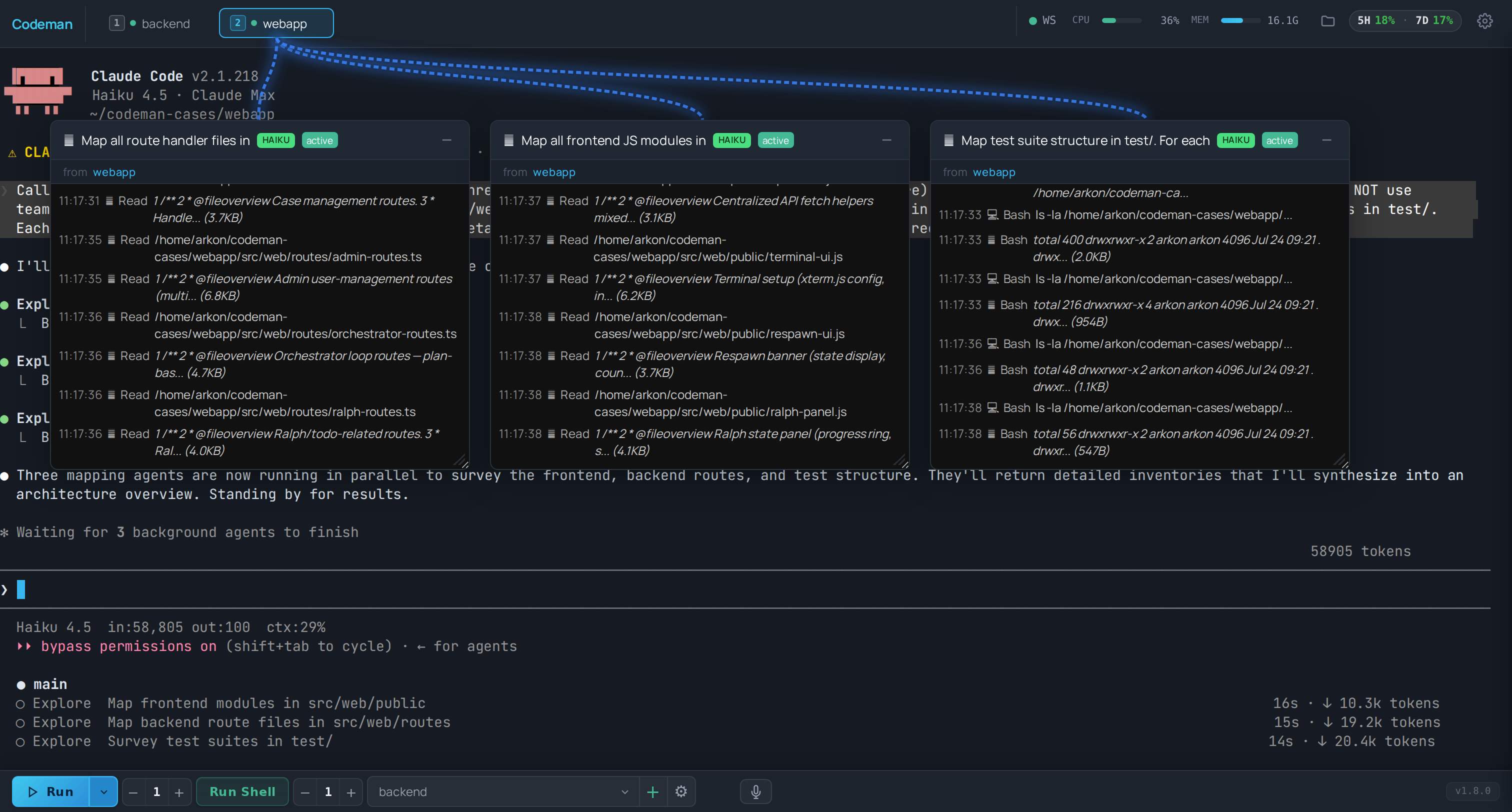 Subagent Visualization: three parallel Explore agents as floating windows with live tool-call feeds