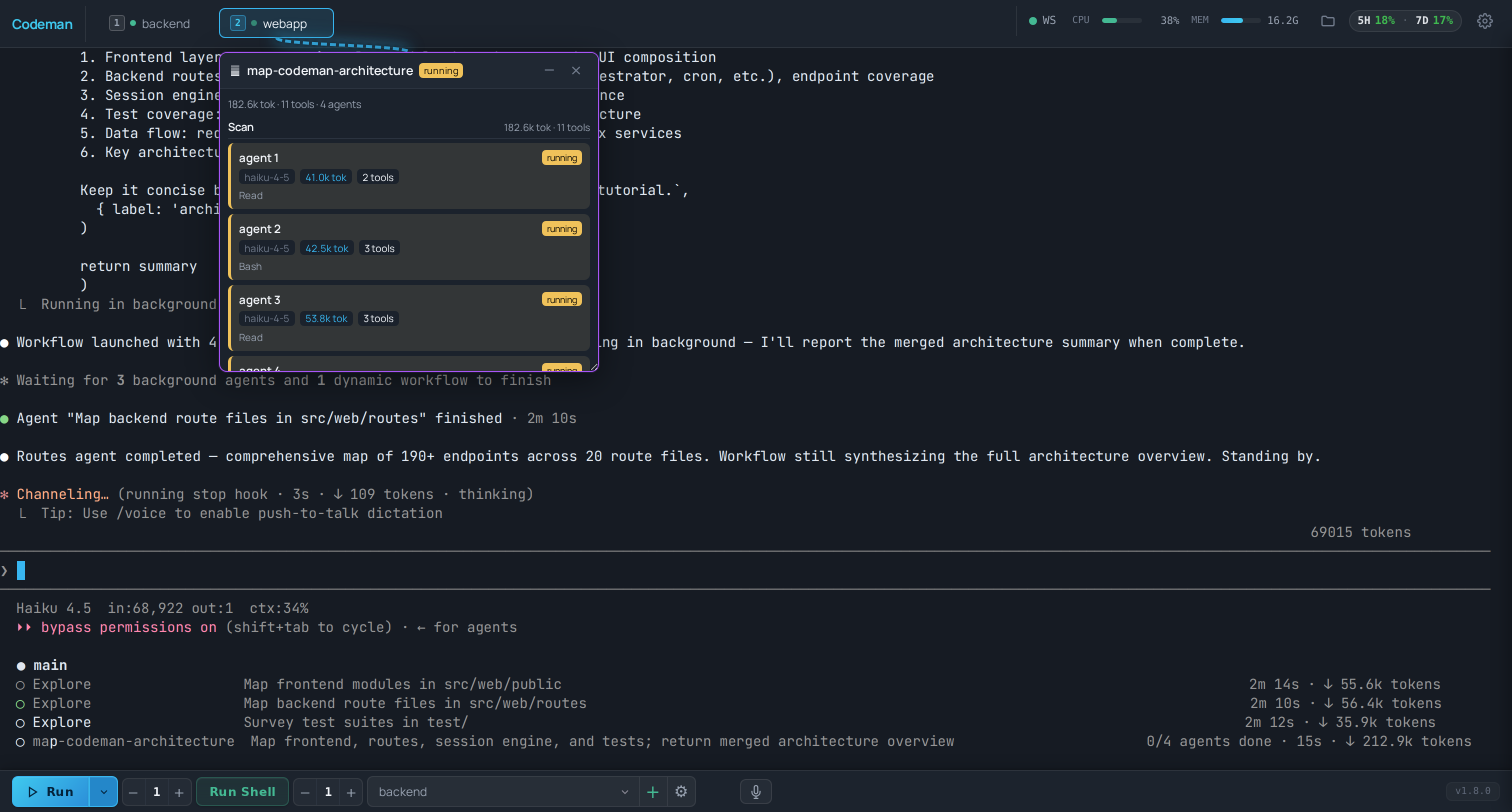 Ultracode workflow visualization: a live run window with per-agent tokens and phases