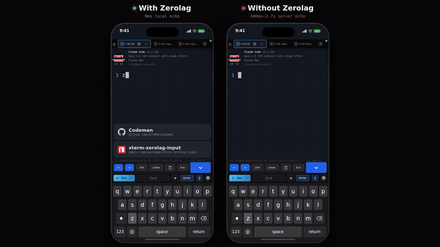 Zerolag demo: instant local echo next to 600ms-2.7s server echo, side by side on two phones