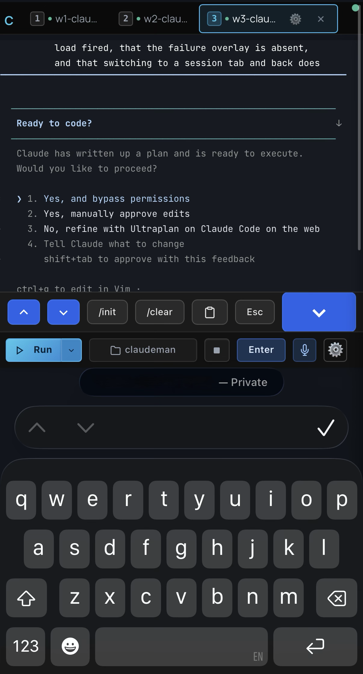 Mobile — answering an agent's plan prompt with the keyboard accessory bar and Enter button
