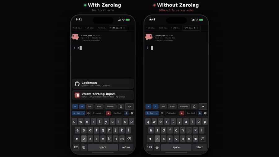 Zerolag Demo — local echo vs server echo side-by-side
