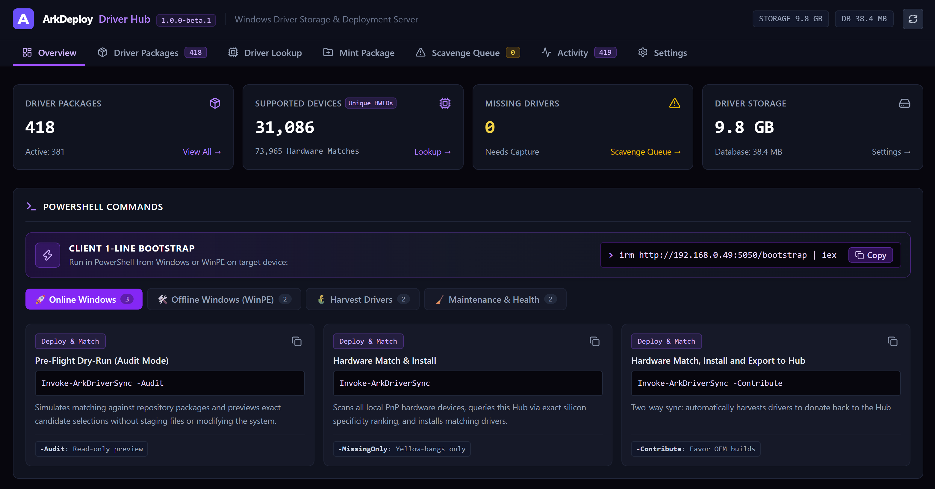 ArkDeploy Driver Hub dashboard