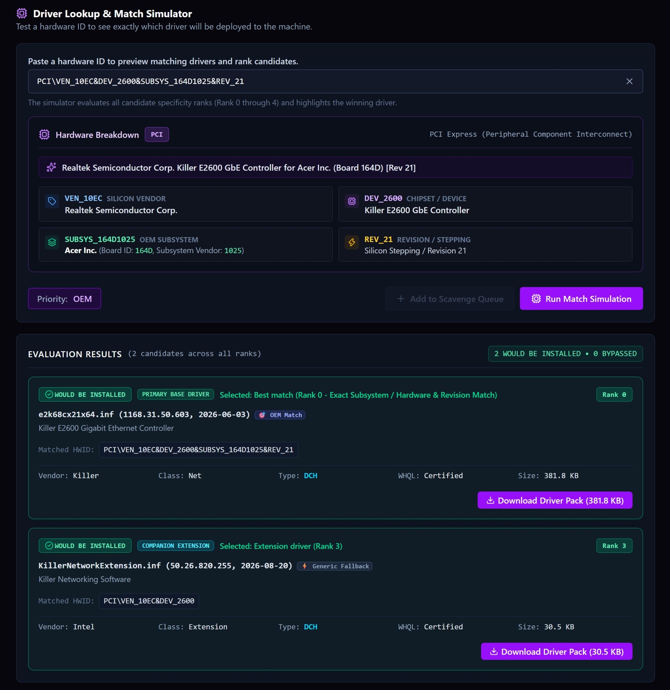 Driver Lookup and Match Simulator results