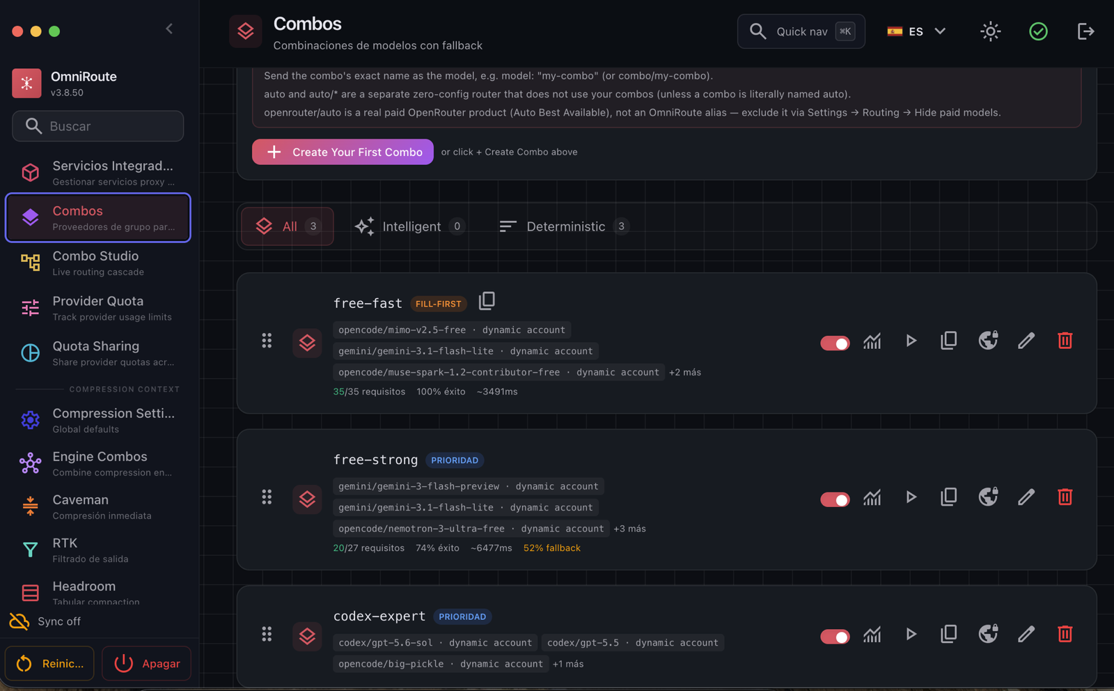 OmniRoute combos configured as tier targets for the plugin