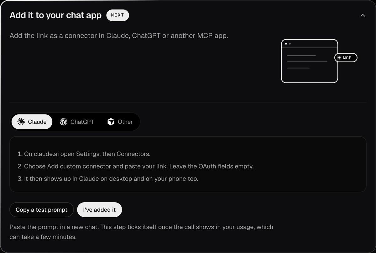 Add it to your chat app, with tabs for Claude, ChatGPT and other apps, and a test prompt to copy.