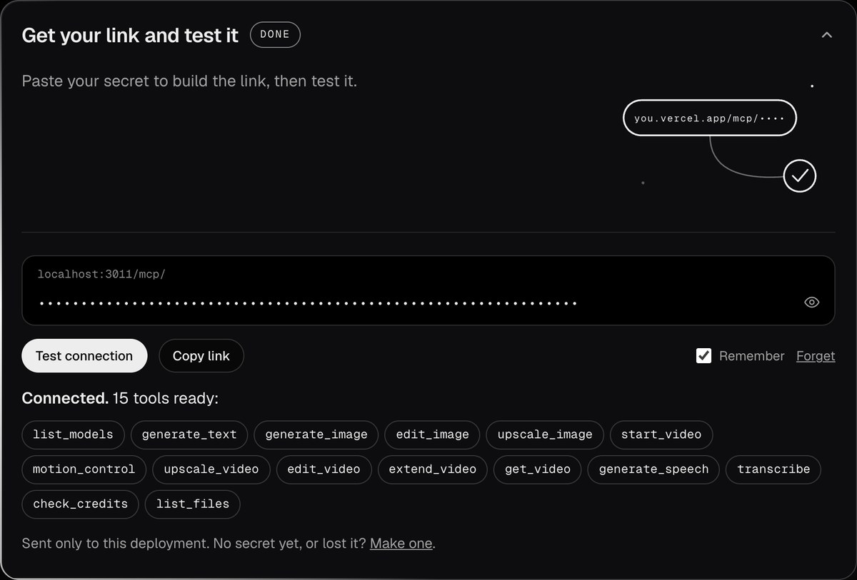 Get your link and test it: the secret pasted and hidden, and a passing test listing all 15 tools.