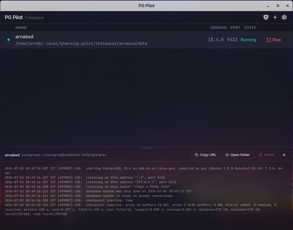 pg-pilot main window with a running instance