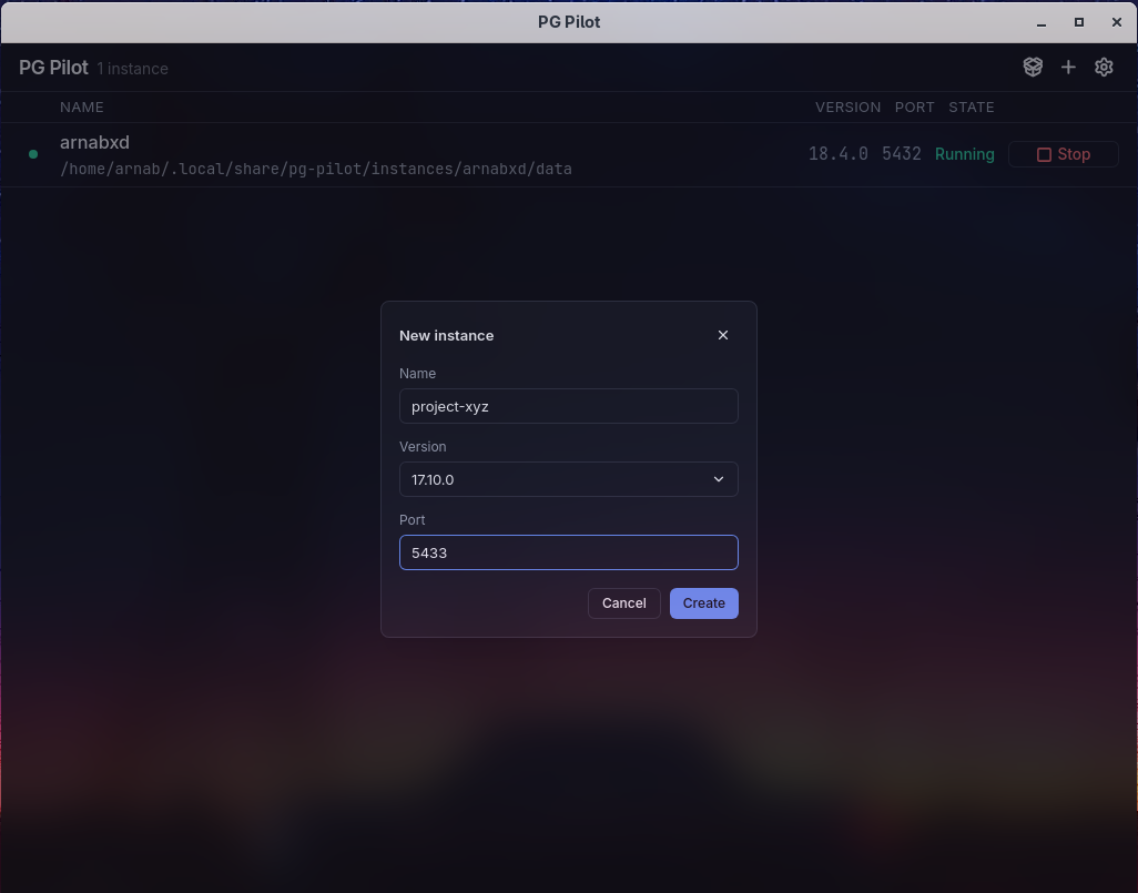 New instance dialog