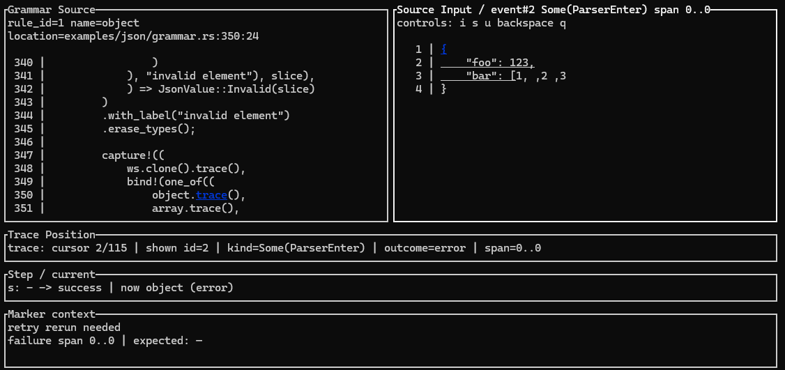 Trace viewer stepping through the JSON parser