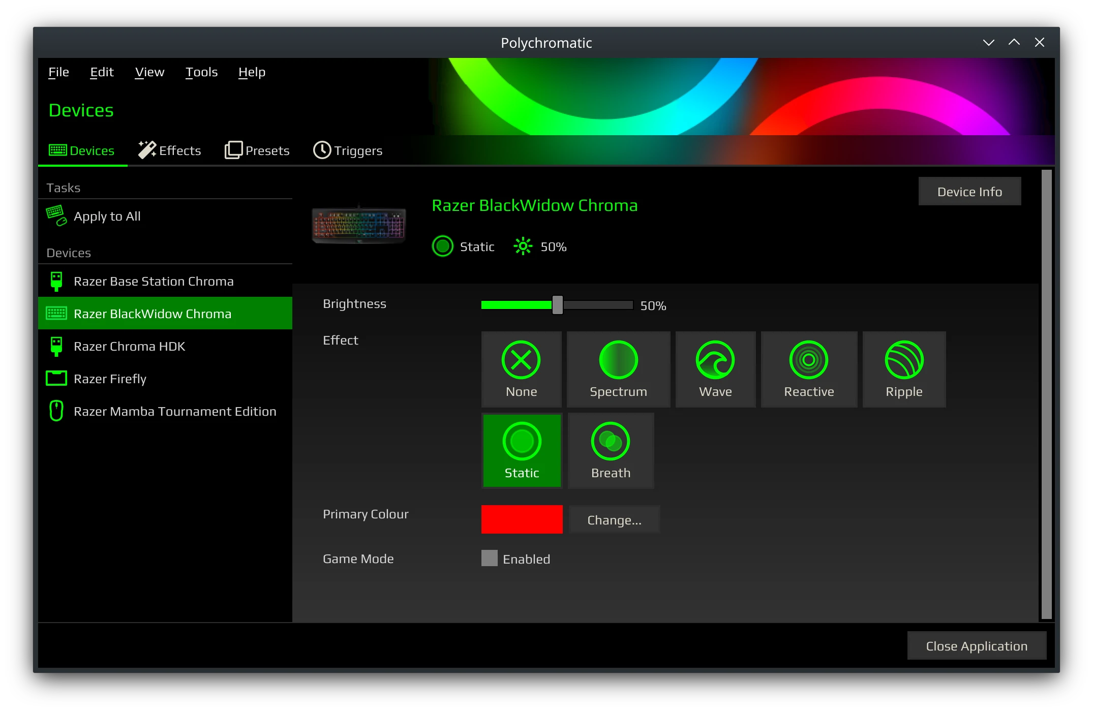 Screenshot of Polychromatic's v1.0.0 Controller interface