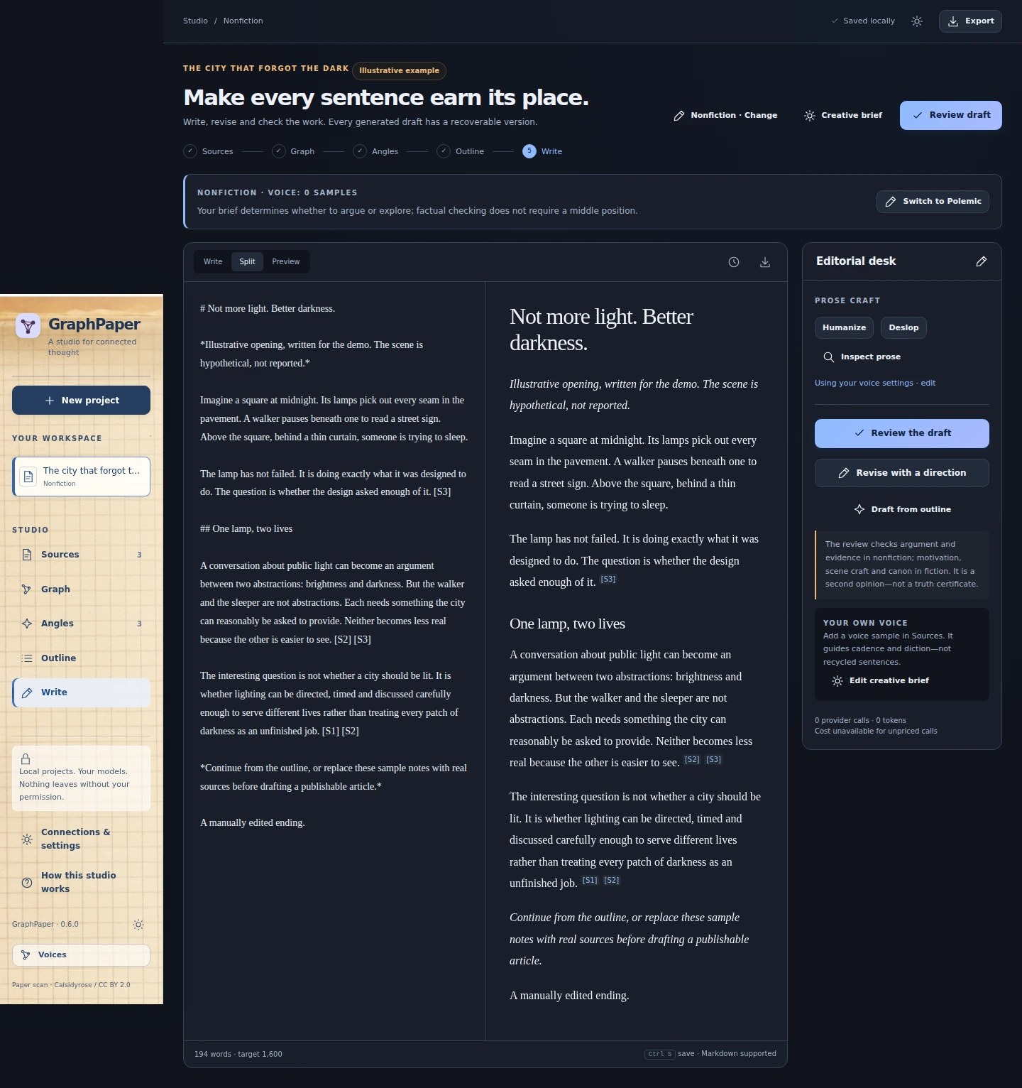 GraphPaper 0.6 writing workspace with Markdown and preview