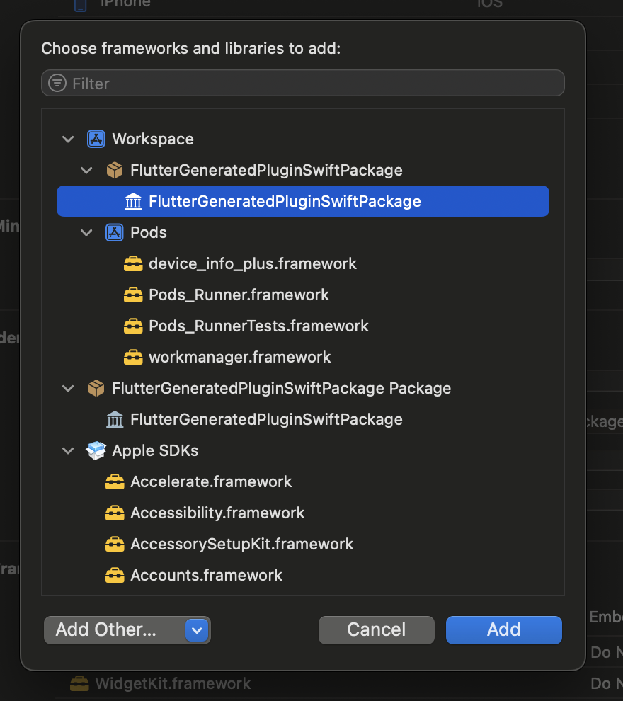 Select the FlutterGeneratedPluginSwiftPackage entry