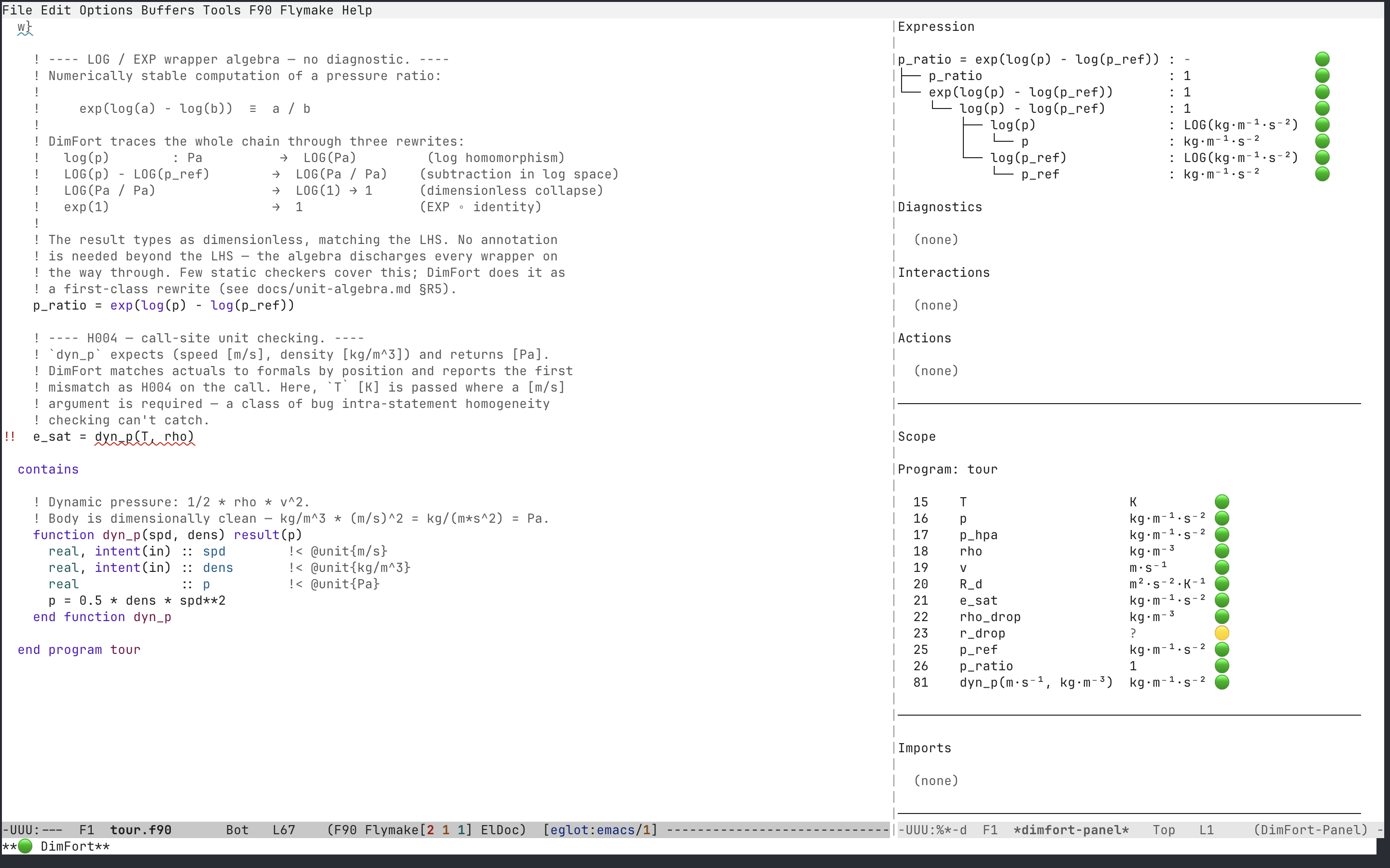 DimFort side panel in Emacs — the unit-algebra tree for q = 0.5 * rho * v * v with the stacked module/function scope below