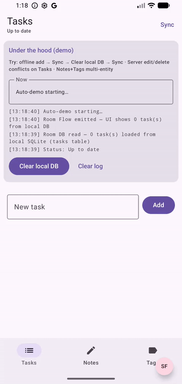 SyncForge demo: add task, sync, conflict resolution, clear local DB, pull from server