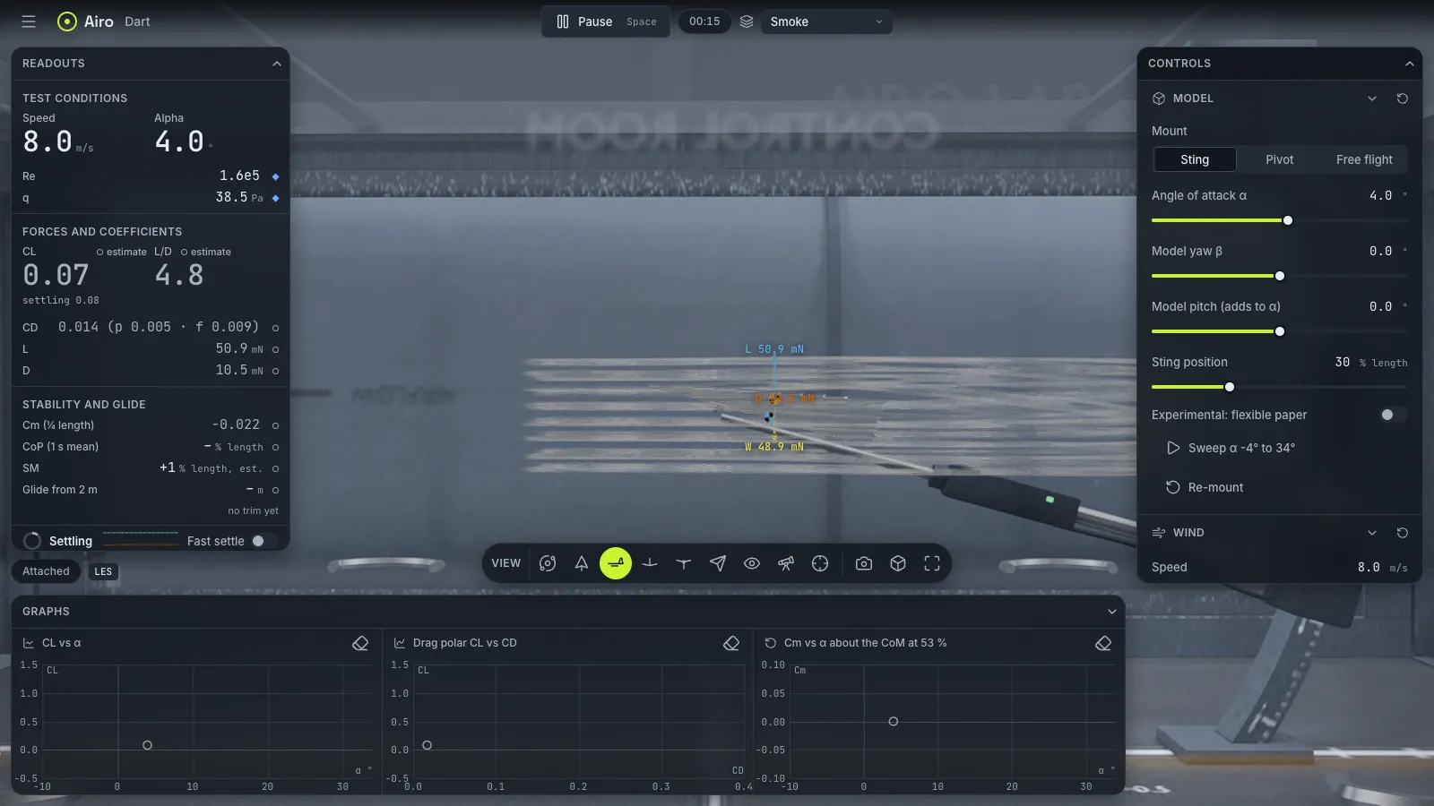 The Tunnel: smoke lines over the Dart, with live force readouts