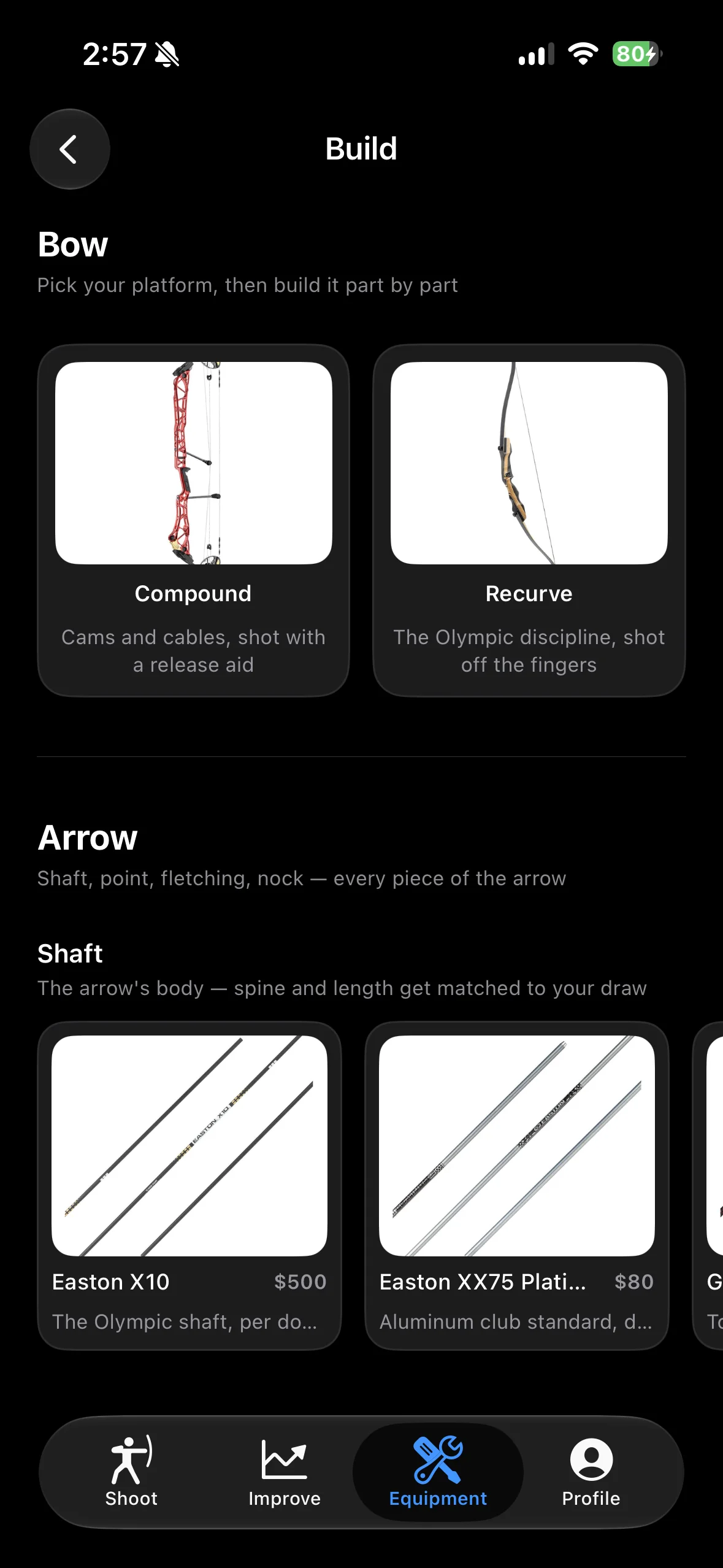 Equipment tab — bow builder