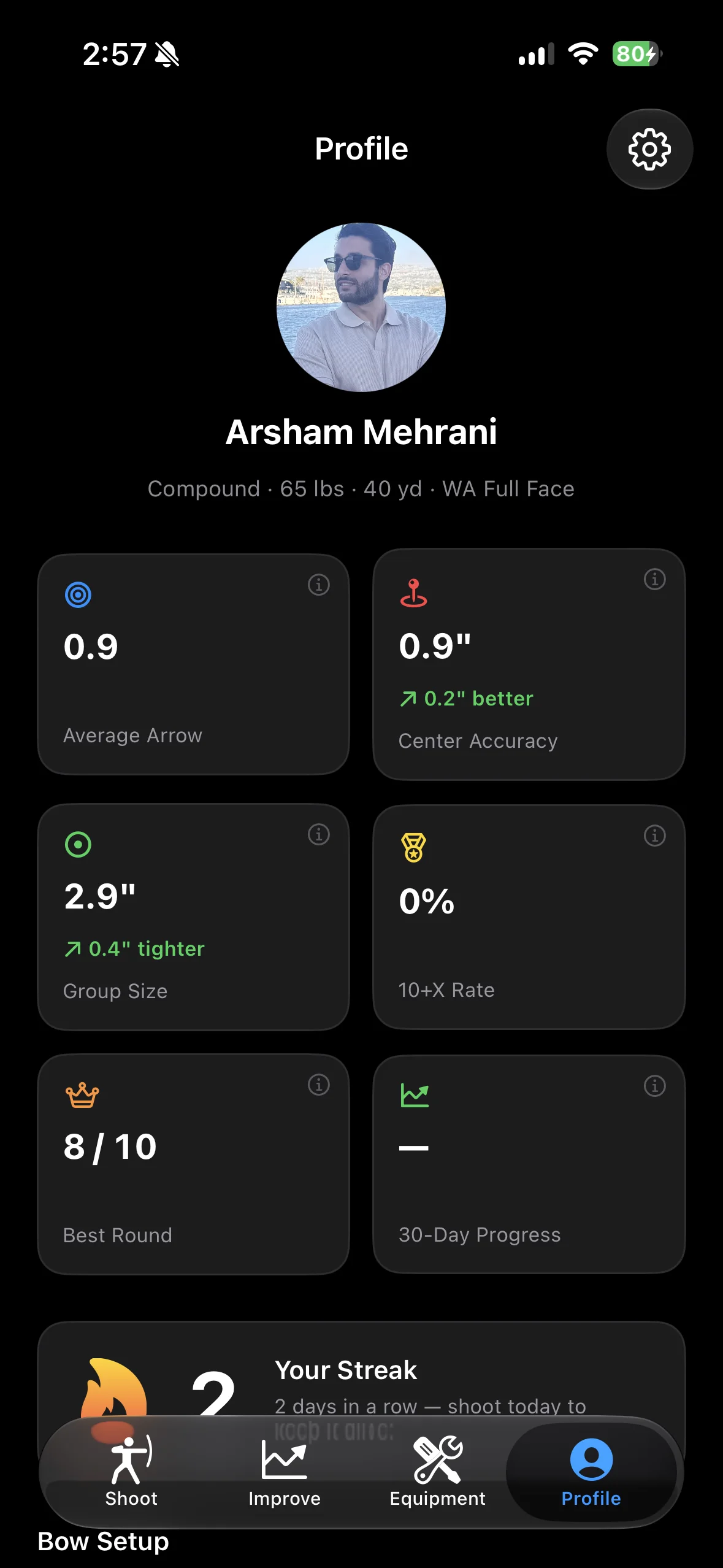 Profile tab — stats and streaks