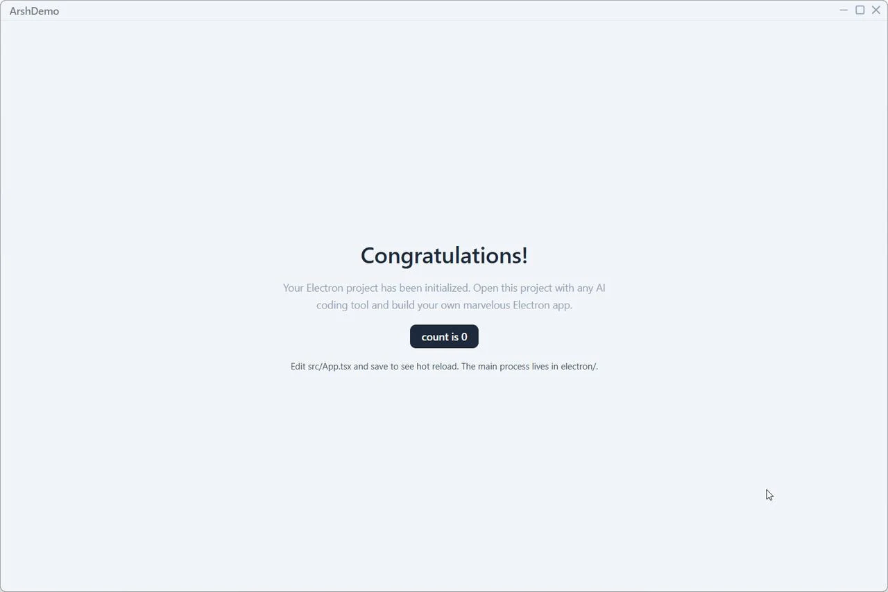 First launch of a scaffolded project — frameless window, custom title bar, starter page