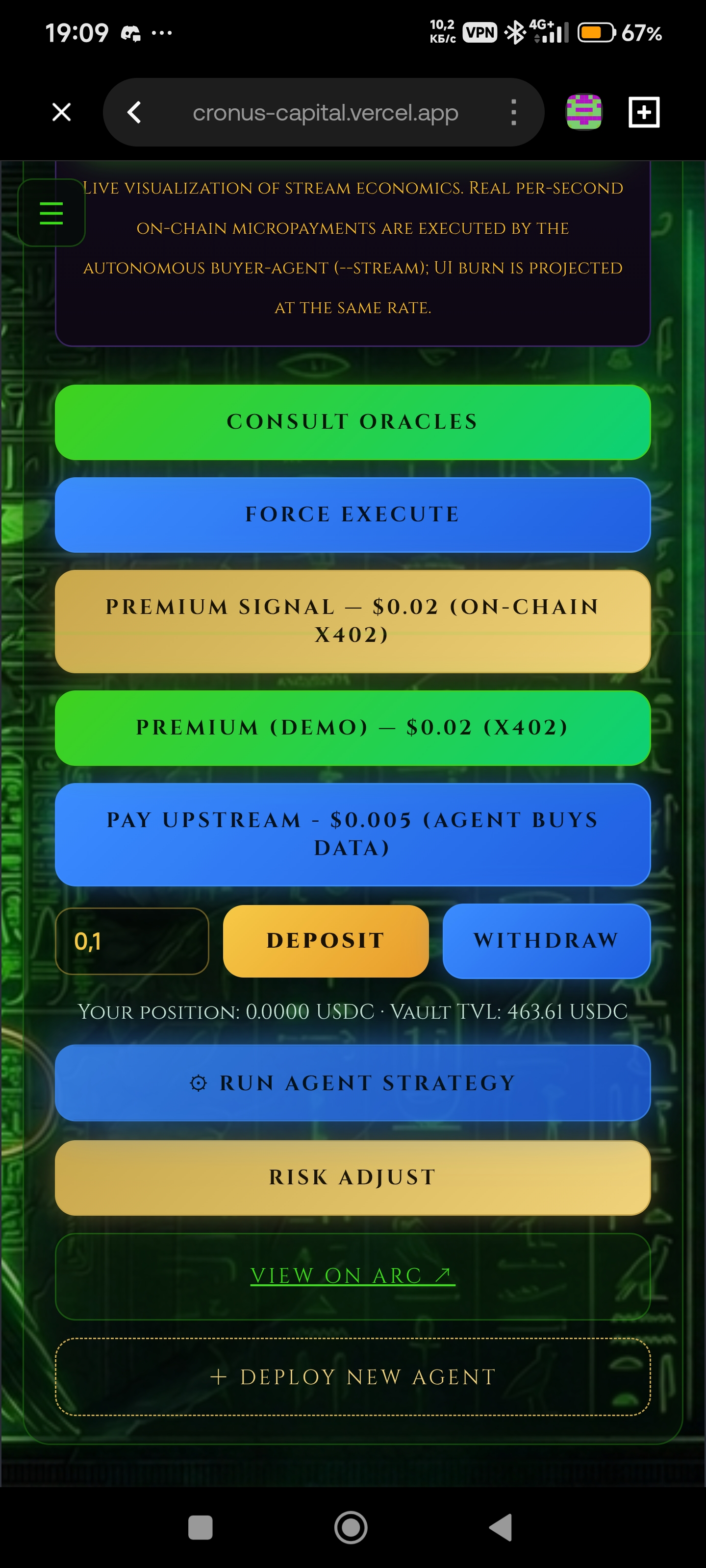Overview — agent action buttons and vault controls