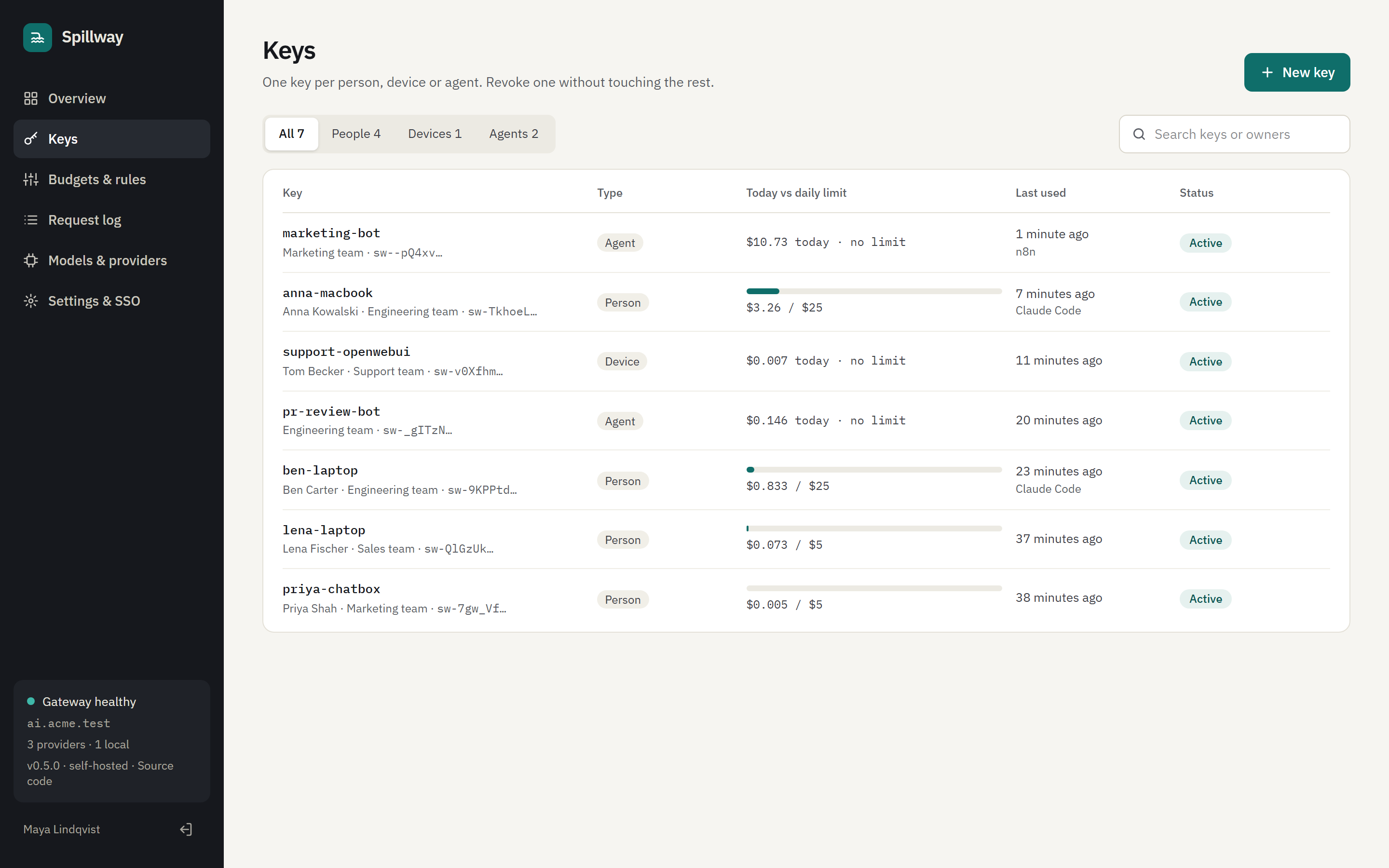 Keys: seven keys for people, a device and agents, with today's spend against each daily limit