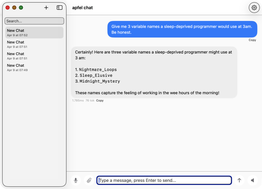 apfel-chat - private macOS AI chat