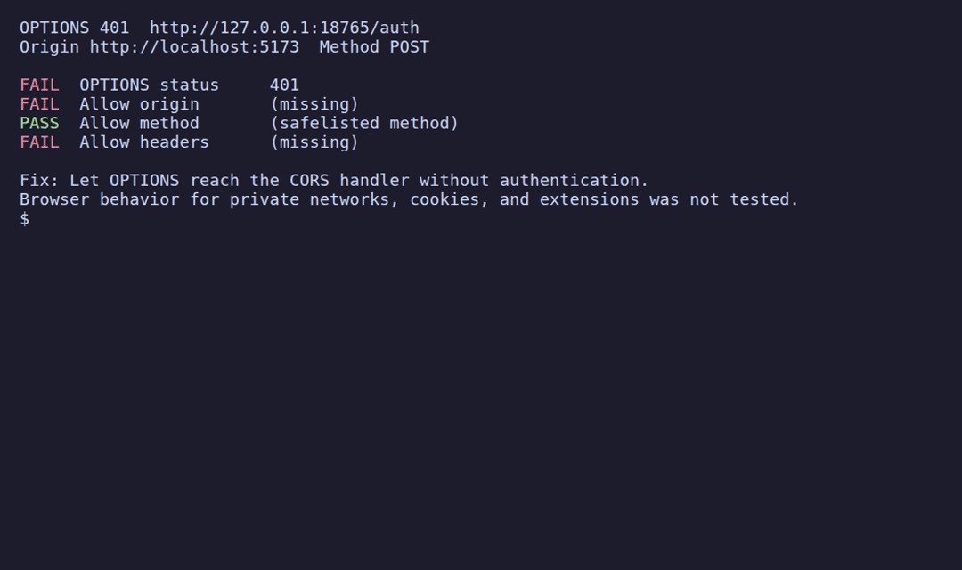 corswhy reports an OPTIONS 401, then a passing preflight after the server returns CORS headers.
