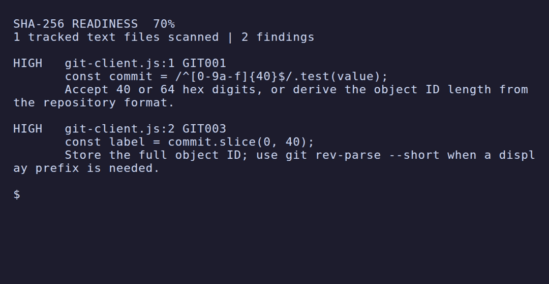 A scan showing a fixed 40-character Git object ID validator and its repair hint