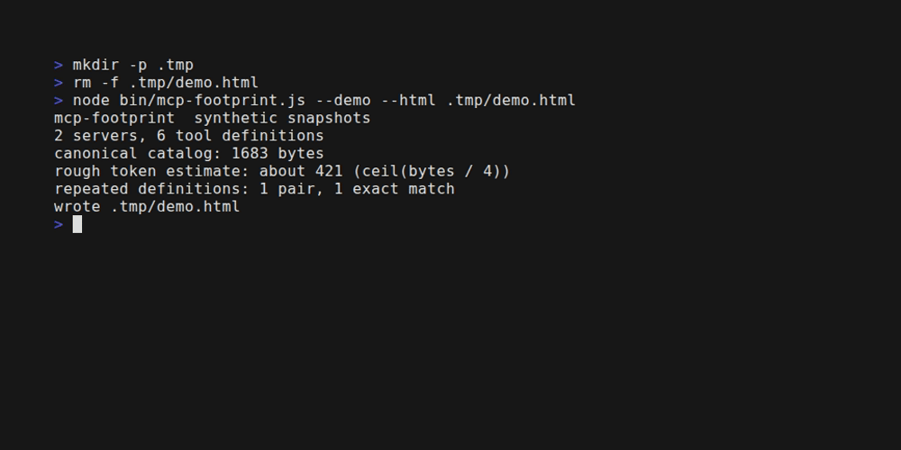 The mcp-footprint CLI measures bundled synthetic MCP snapshots and writes a report.