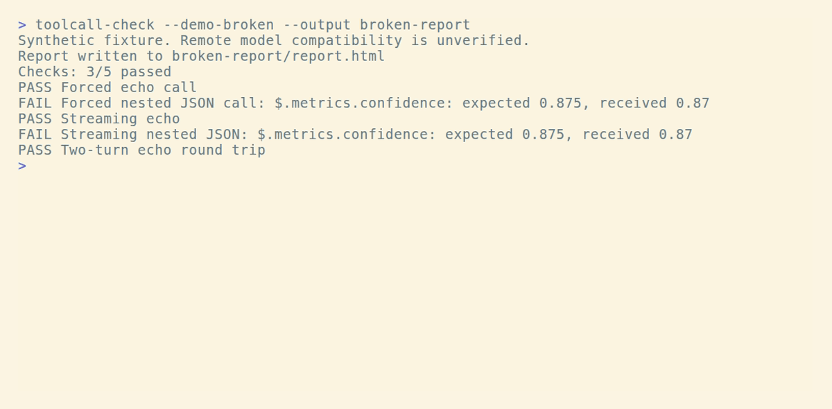 The real CLI checks a synthetic local endpoint, showing two nested argument failures followed by five passing checks.