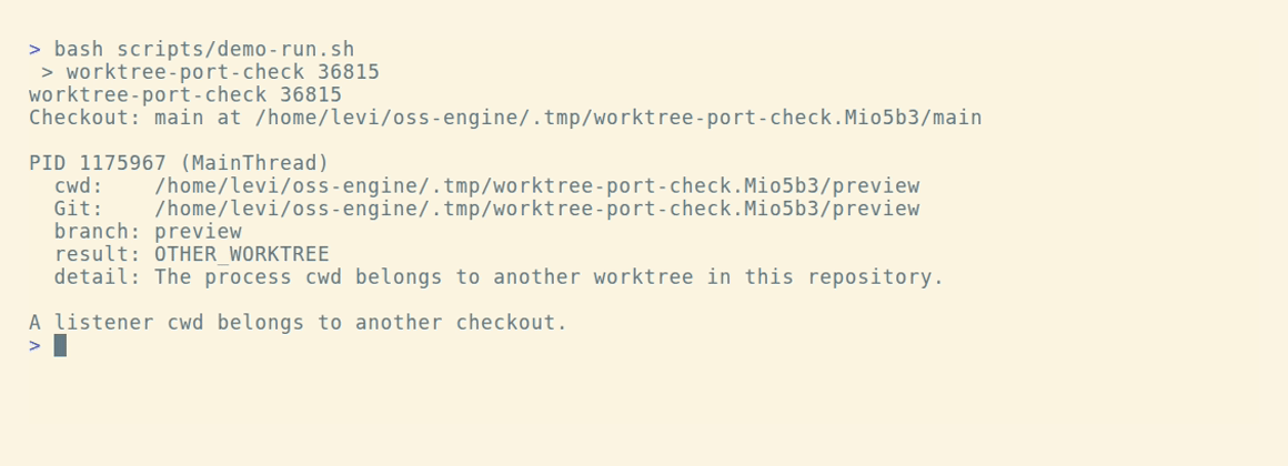 The command finds a preview server listening from another Git worktree.