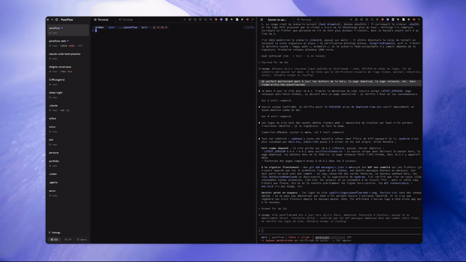 Paneflow running several coding agents in parallel panes, with live per-session status in the sidebar