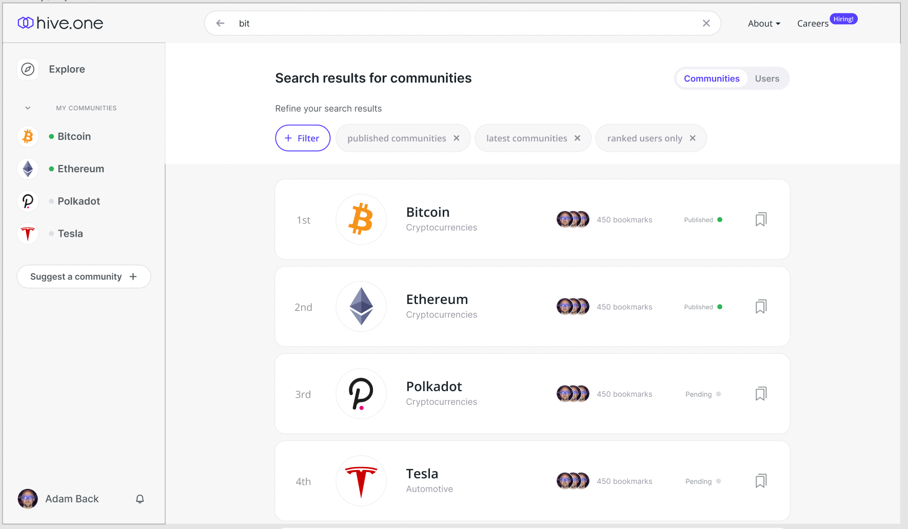 Search Results Page for Communities