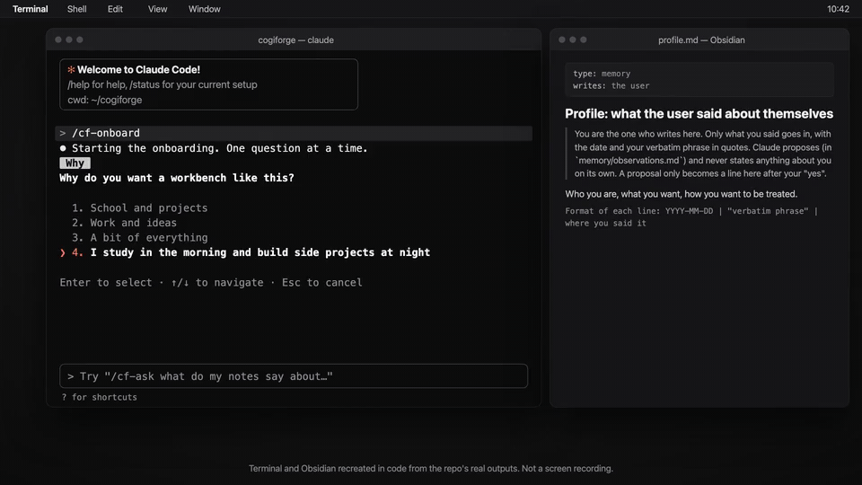Onboarding and the commit gate: one question at a time, and a note that links to nothing cannot be committed.