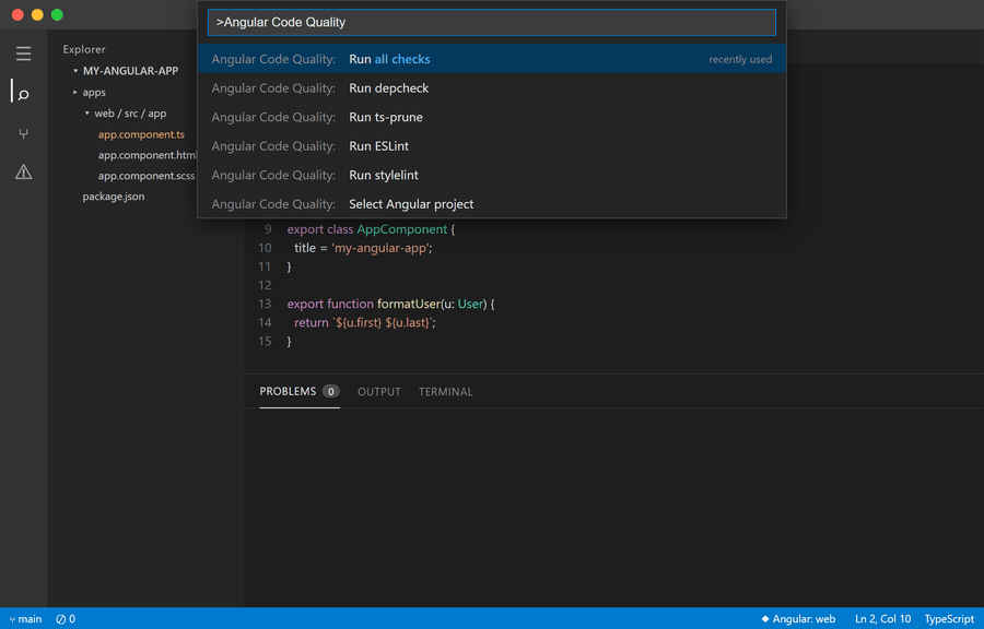 Demo: running all checks and jumping from a Problems-panel finding to the exact line