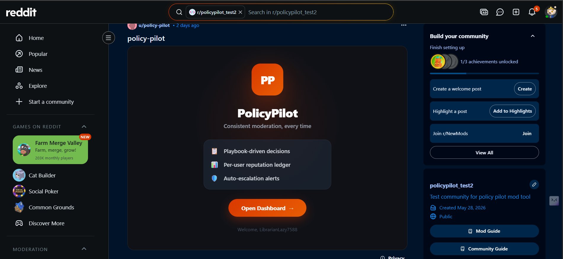 PolicyPilot Dashboard with stats, charts, and activity log