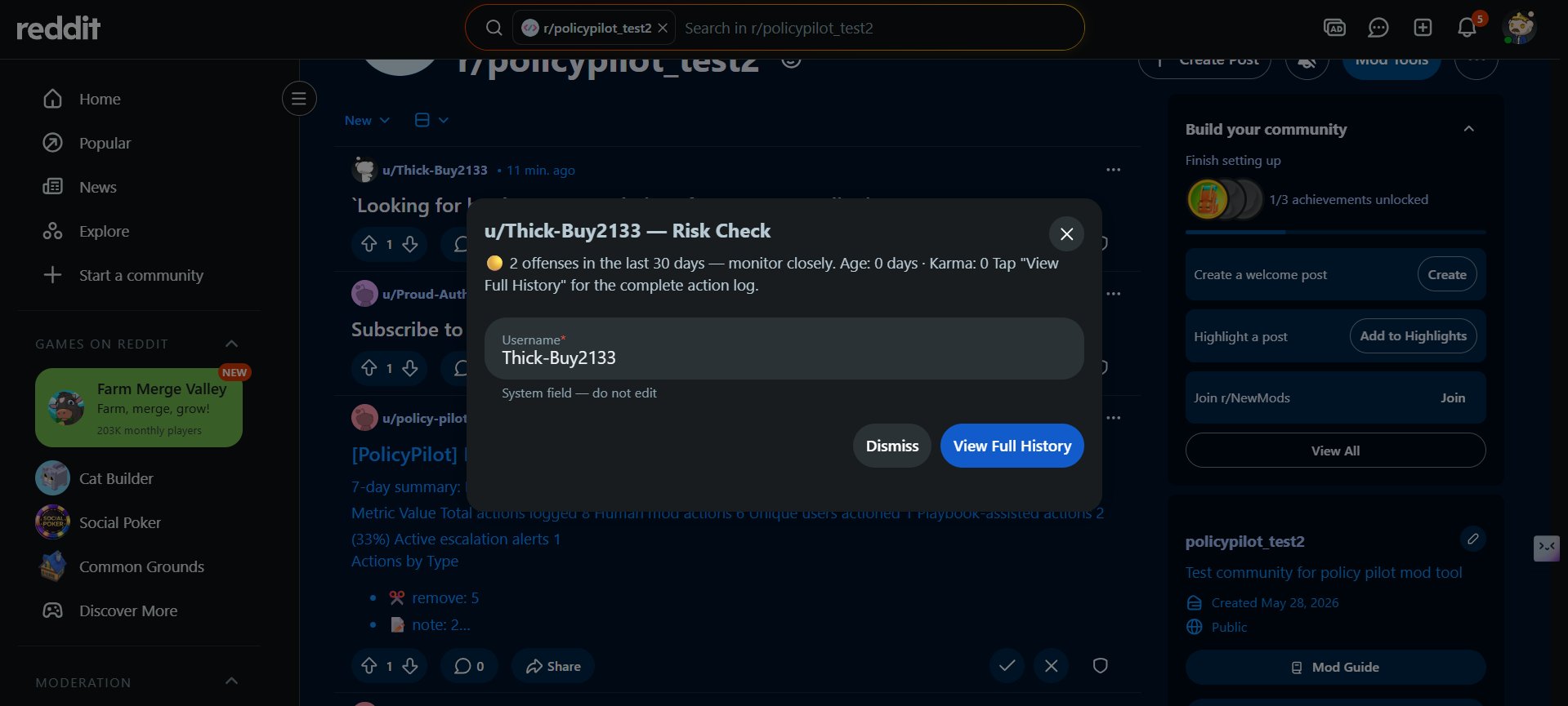 Risk Check showing user offense history
