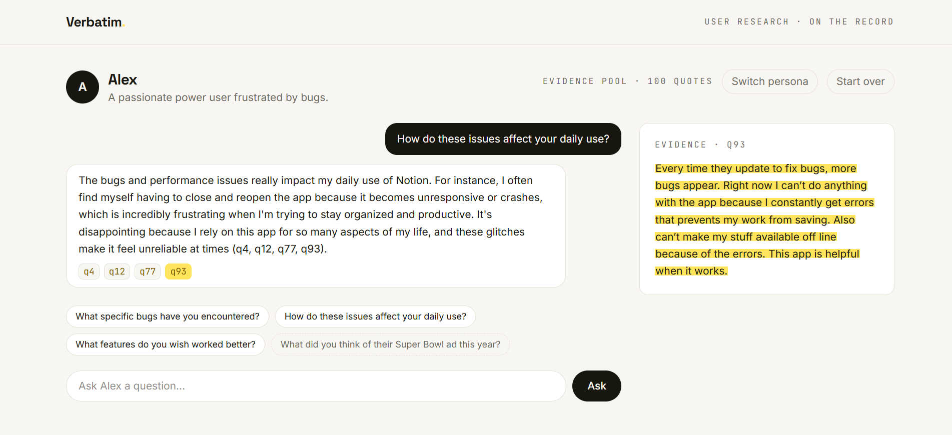 Every answer carries a receipt — the exact quote, validated