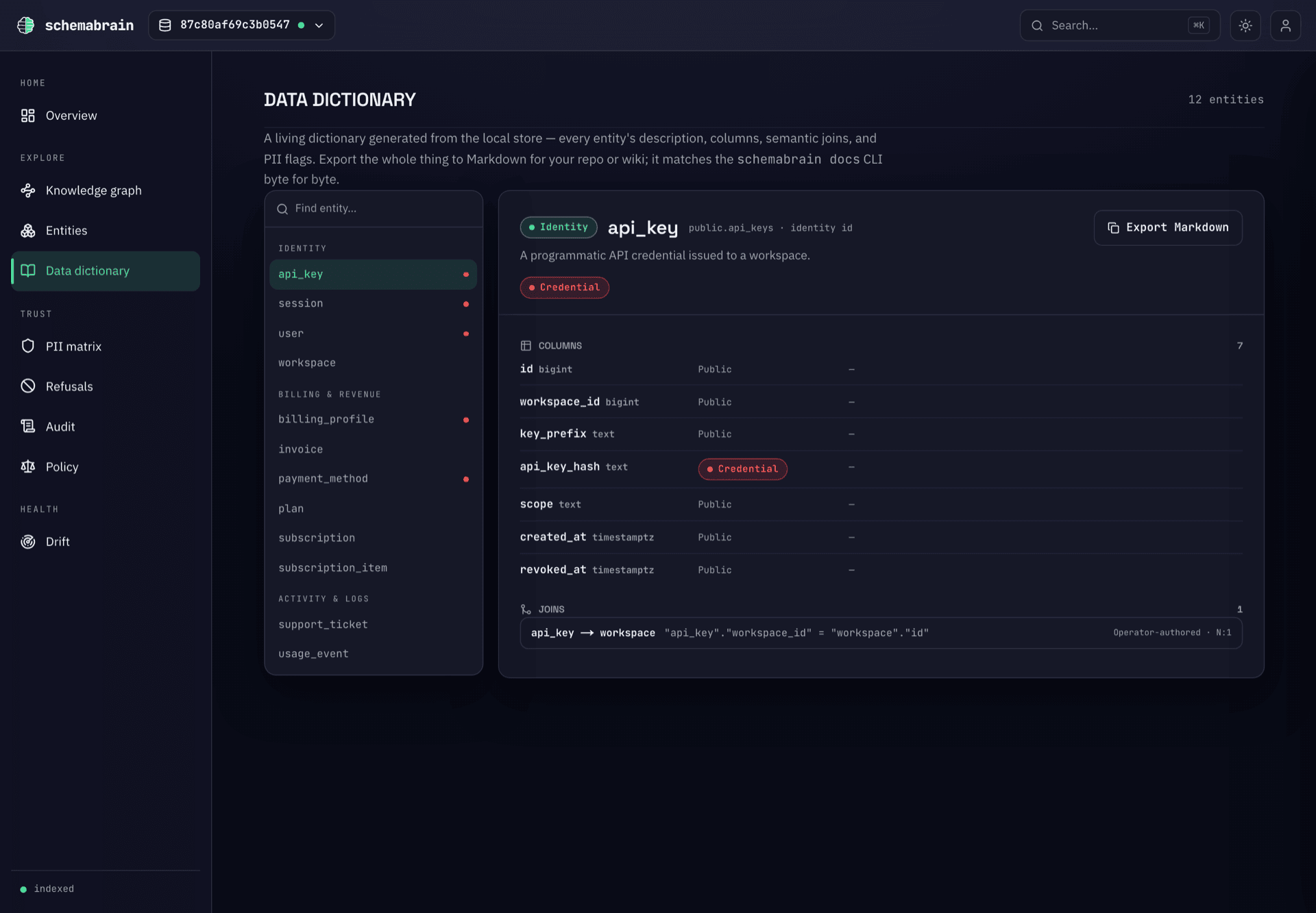 Data Dictionary — per-entity columns, types, PII classes, and joins with one-click Markdown export