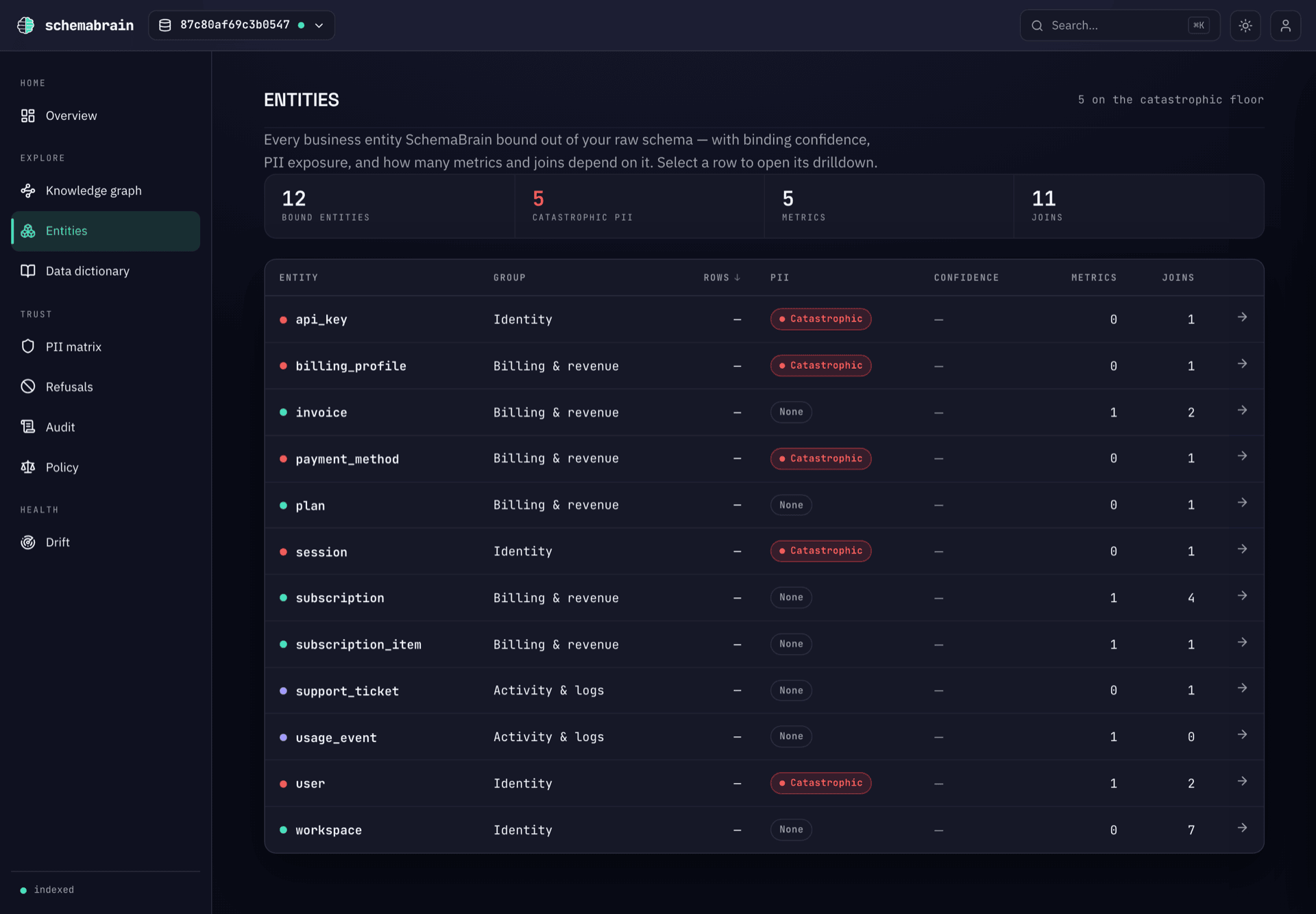 Entities — sortable index of every bound entity with PII exposure, binding confidence, metrics, and joins
