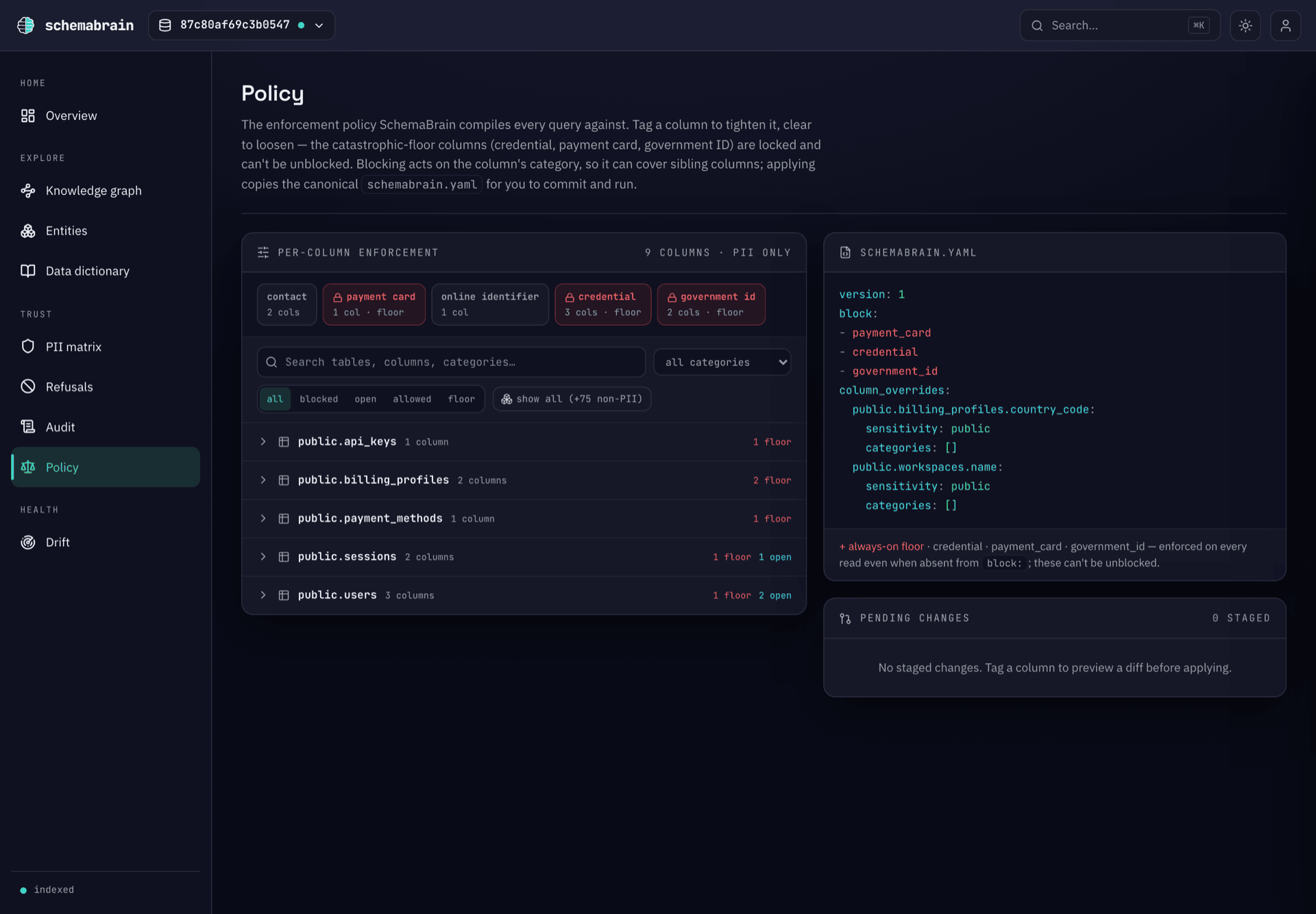 Policy — per-column block/redact/allow grid with the catastrophic-leak floor disclosed and the schemabrain.yaml it compiles